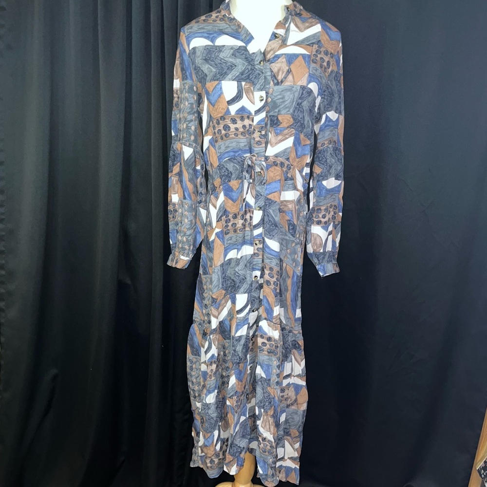 SOCIETY22 Blue Brown Abstract Print Button Down Tiered Midi Dress Small